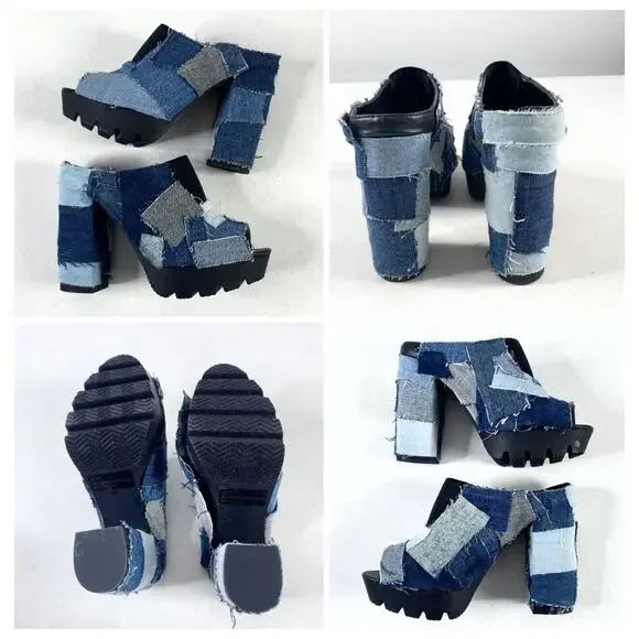 Retro Qupid Patchwork Denim Peep Toe Chunky Slip On Block Heel Mules Sz 7 - Picture 4 of 11